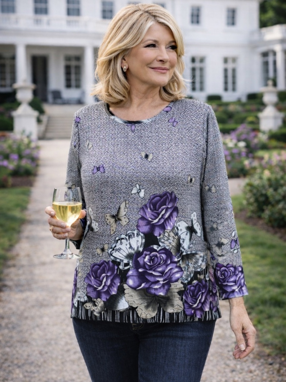 Casa Donna butterfly and roses grey silver purple long detail on sleeve top M